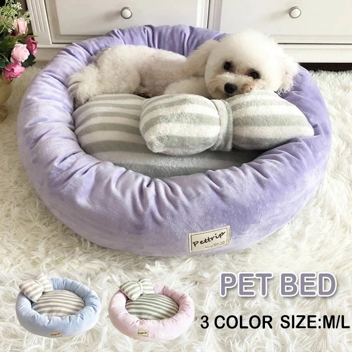 可愛いペットベッド 丸型 猫用ベッド 犬用ベッド ペット用品 クーション ペットハウス 冬用 あったか リボン枕 ドッグベッド キャットベッド クーション 寒さ対応 寝具 ドッグハウス 室内 もこもこ