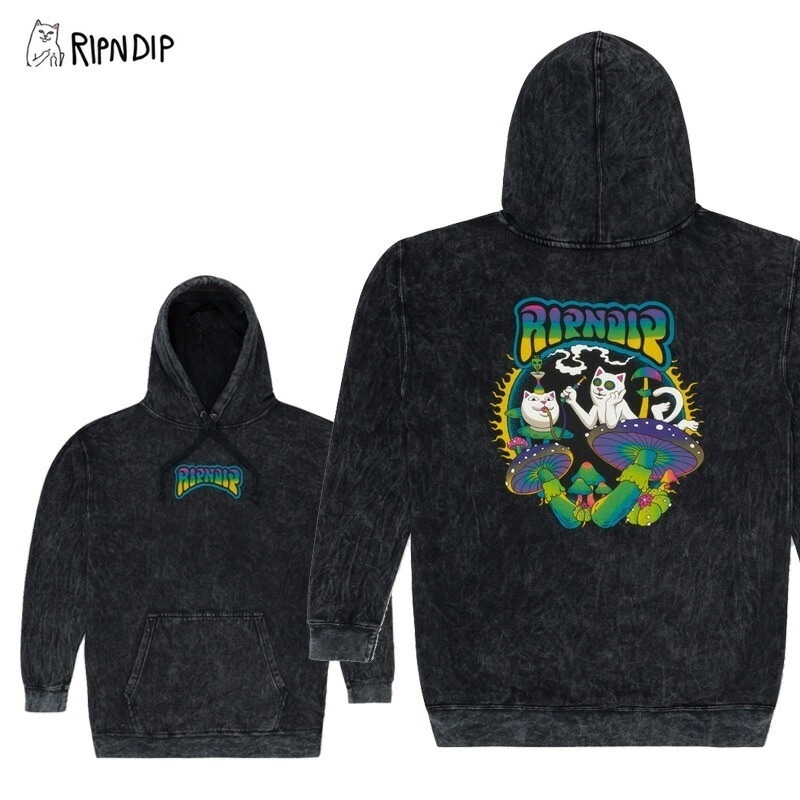 リップンディップ Psychedelic Garden HoodieBlack Mineral Wash スウェット フード プルオーバー パーカー 男性用 メンズ