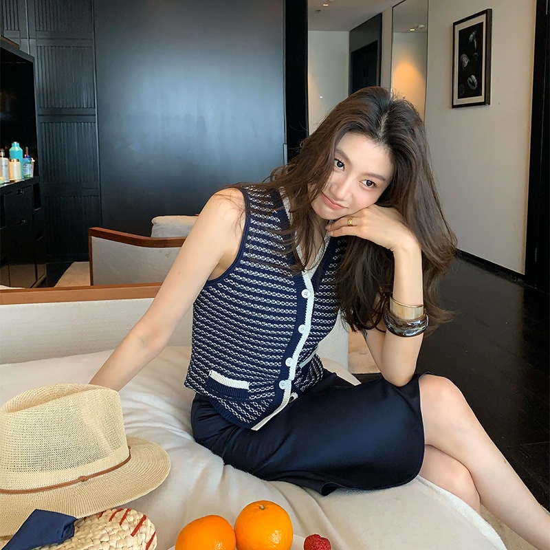 長いxier薄い昔ながらのスタイルのストライプコットンベスト女性の夏の服レトロなスタイルハイエンドデザインベスト