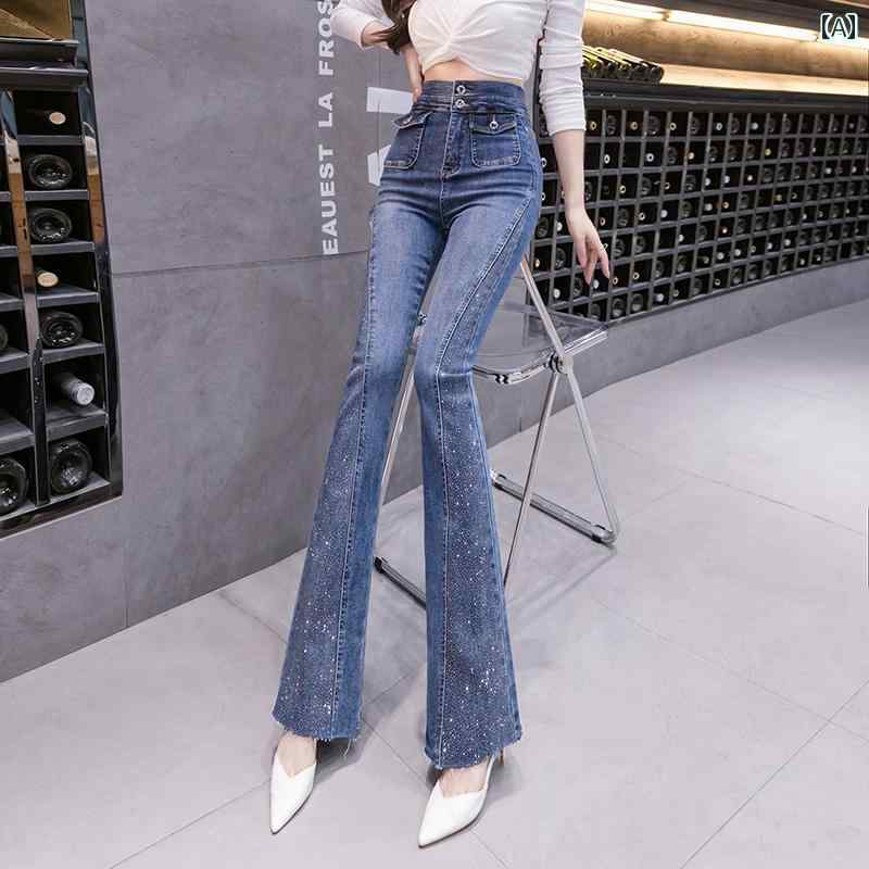 デニムパンツ レディース ジーンズ レトロ ブーツカット 春秋 ハイウエスト スリム フレア ロング パンツ ブルー