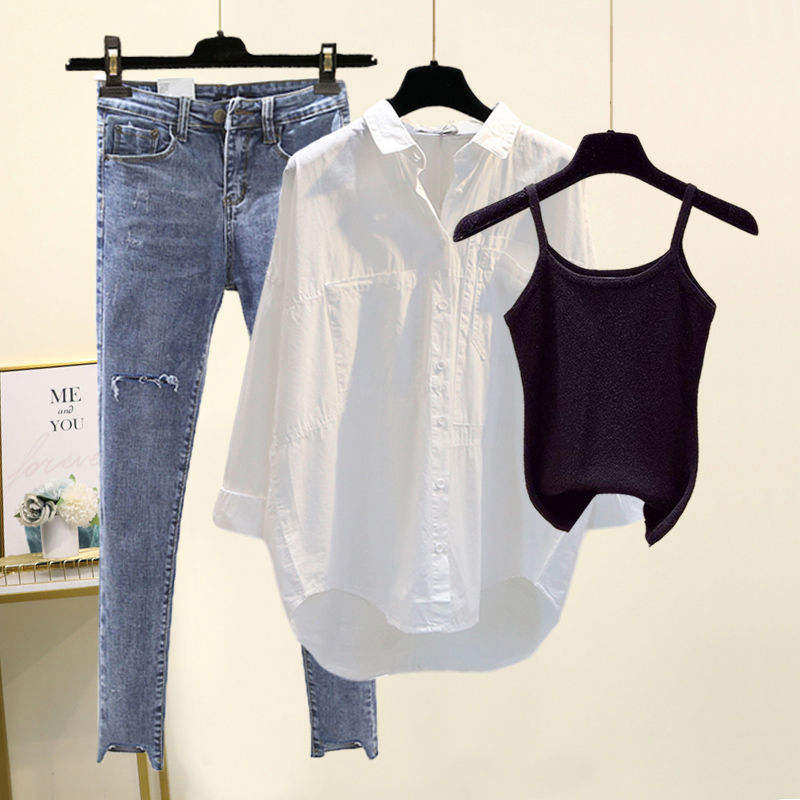 【人気高い】 大きいサイズ 3点セット シャツ+無地キャミソール＋ハイウエスト デニムパンツ