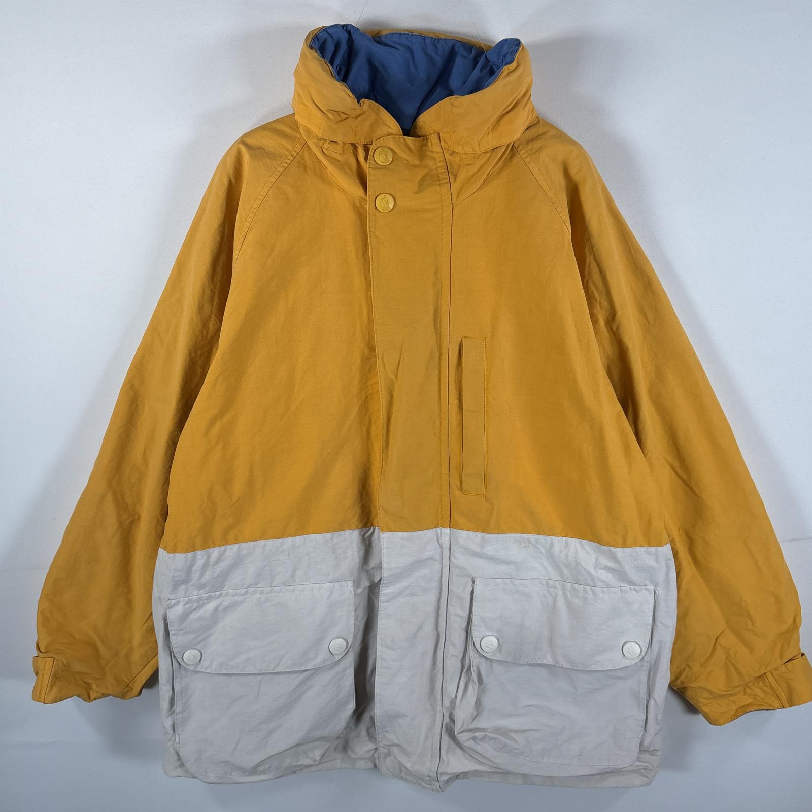 古着 90s/90年代 リバーシブルジャケット ビッグ刺繍ロゴ 収納フード フルジップ L イエロー ブルー メンズ