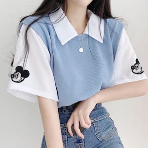 韓国ファッション 夏服 新作 ディズニー Mickey 刺繍Ｔシャツ ミッキー 半袖 トレーナー 大人可愛い レディース 韓国Ｔシャツ Mickey/Disney/T-Shirt1