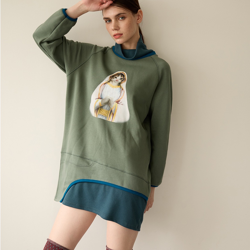 마리아 캣 프린트 에코 리싸이클 쭈리 패브릭 하프터틀 미니 드레스_아보카도그린(Avocado Green)