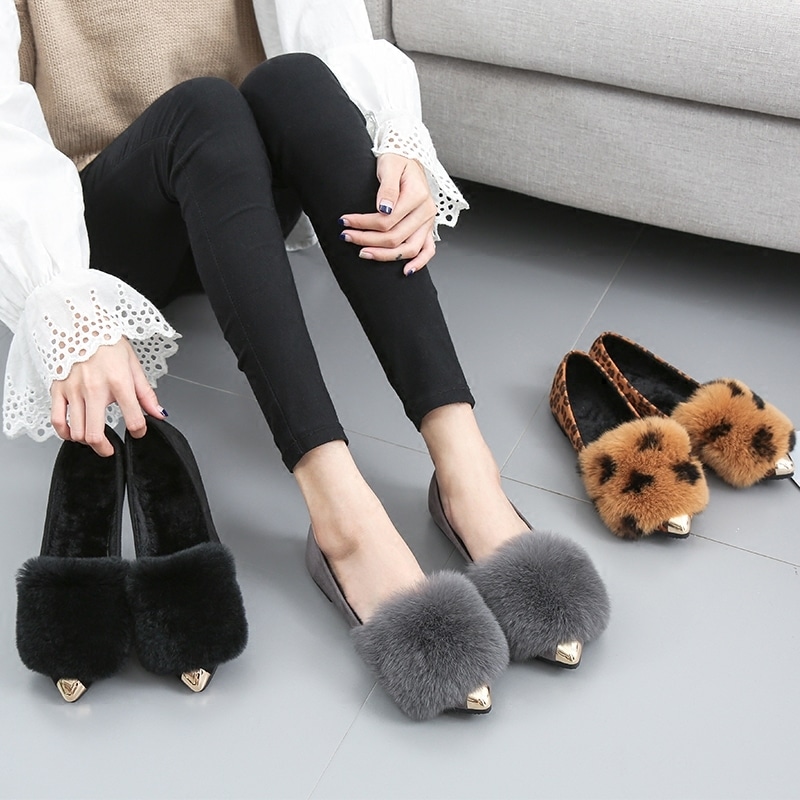 【送料無料】レディース シューズ 可愛い ファー付きローヒール パンプス もこもこ ふわふわ