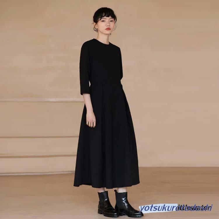 春の新作レディース ワンピース ロングワンピース 分袖 大人 フォーマル 春 秋 ブラック 膝下 喪服 ポケット付き 上品 クルーネック 大きいサイズ