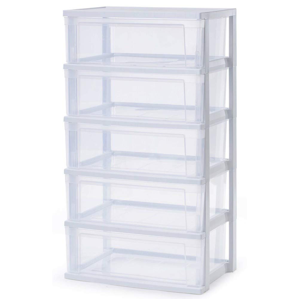 アイリスオーヤマ チェスト ワイド 5段 日本製 簡単組み立て 幅53×奥行き38×高さ96.3 ホワイト/クリア プラスチック天板 NSW-545 a)ホワイト