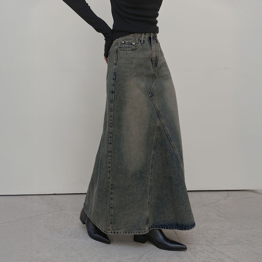 ロディエンワッシング切開デニムマキシスカート
