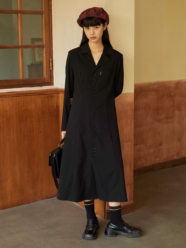 オモントエッグタルトホームレトロスーツカラー刺繍入りブラック長袖ワンピースレディース秋服ミドル丈スリムスカート