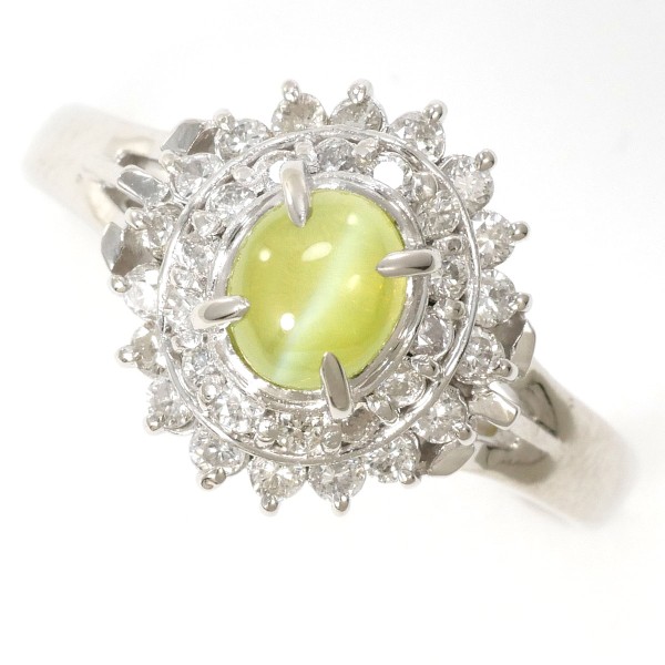 PT850 プラチナ リング 12号 クリソベリルキャッツアイ 0.88 ダイヤ 0.36 中古