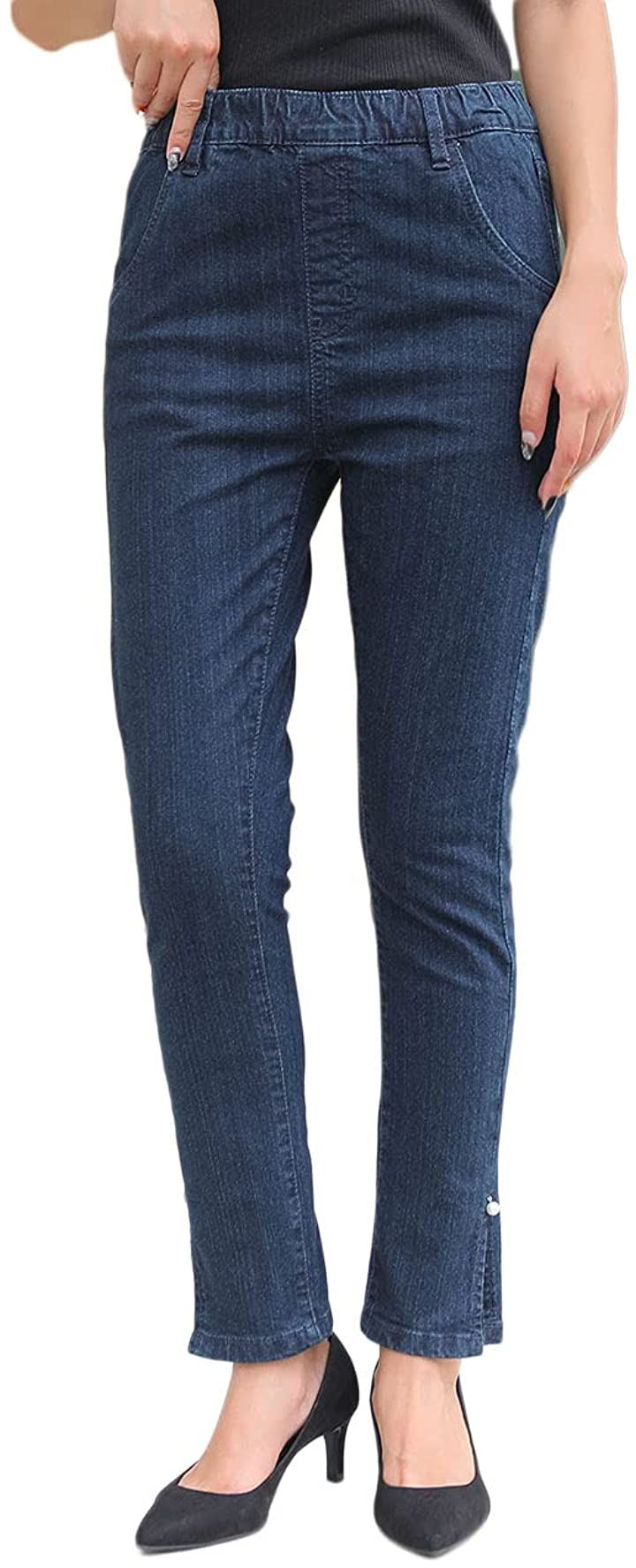 激安な ウエストゴム デニム スリムパンツ ストレッチ スキニーパンツ ネイビー L 裾パール