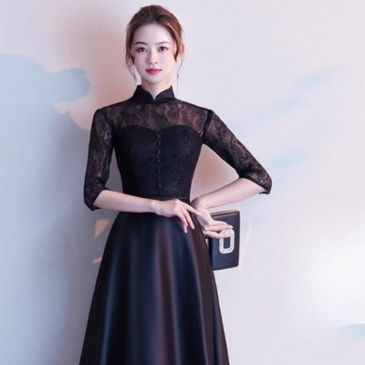 レディース ドレス ロング 丈長 長袖 チャイナ フレア スリム Aライン 背中開き レース ファスナー きれいめ シンプル 上品 おしゃれ クール エレガント ロマンティック 無地 春 夏 秋