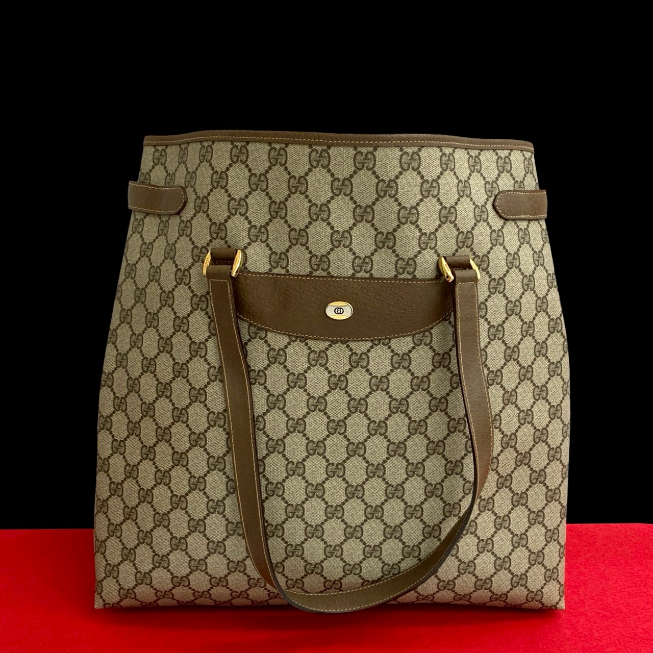 ヴィンテージ GG ロゴ 金具トートバッグ レザー PVC ブラウン b44-8