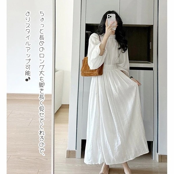 スカートロングスカートレディース 夏ワンピ 大人可愛い リゾート 小柄 二次会 パフスリーブ おしゃれ ロング丈 かわいい 入学式 長袖 ワンピース ホワイト 白