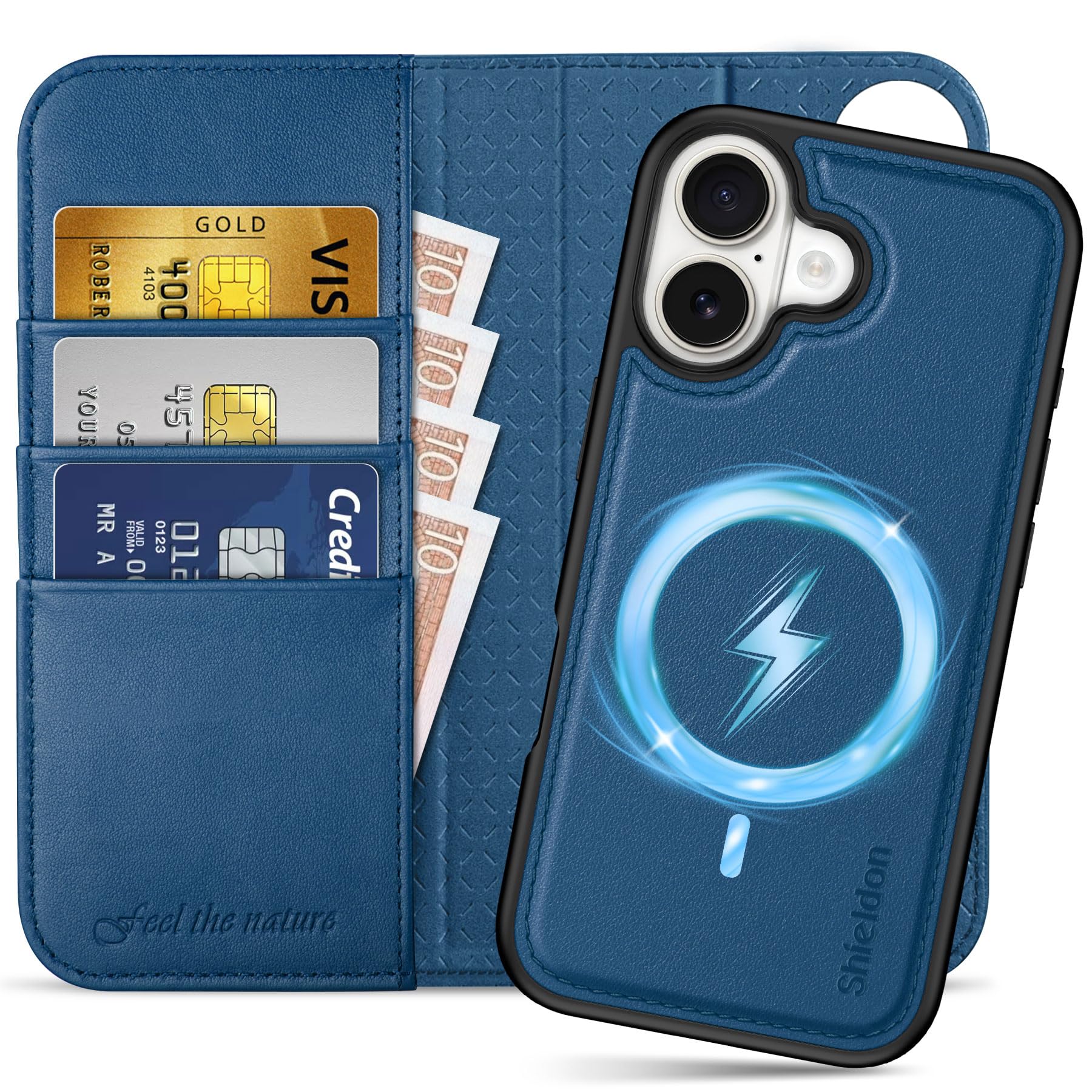 SHIELDON iPhone17 対応 手帳型ケース 2in1分離式 本革レザー 6.3インチ 5G [RFIDブロッキング] 取り外し自由 カバー単体ワイヤレス充電可 横置きスタンド機能 カード収