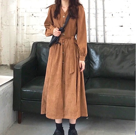 ワンピース ロング丈 長袖 Vネック 黒 ブラック 韓国流行 茶色 ブラウン ストレート