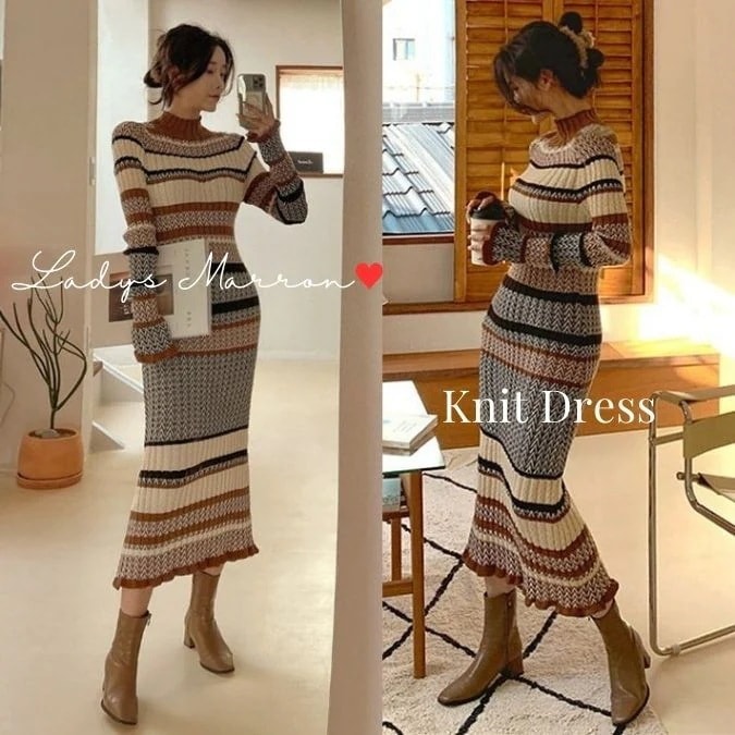 【急速出荷 2025年新作】ニットワンピースタイト タイトニットワンピース 韓国 ニットワンピース タイト ロング レトロ ボーダー レディース ハイネック 秋 冬 長袖 ロング丈 マキシ丈 可愛い