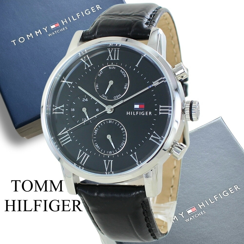 トミーヒルフィガー 腕時計 手表 メンズ KANE 44mm マルチファンクション シルバーケース ブラック レザー 1791401 ビジネス 男性 時計 誕生日ギフト 記念日 卒業 入学 お祝い