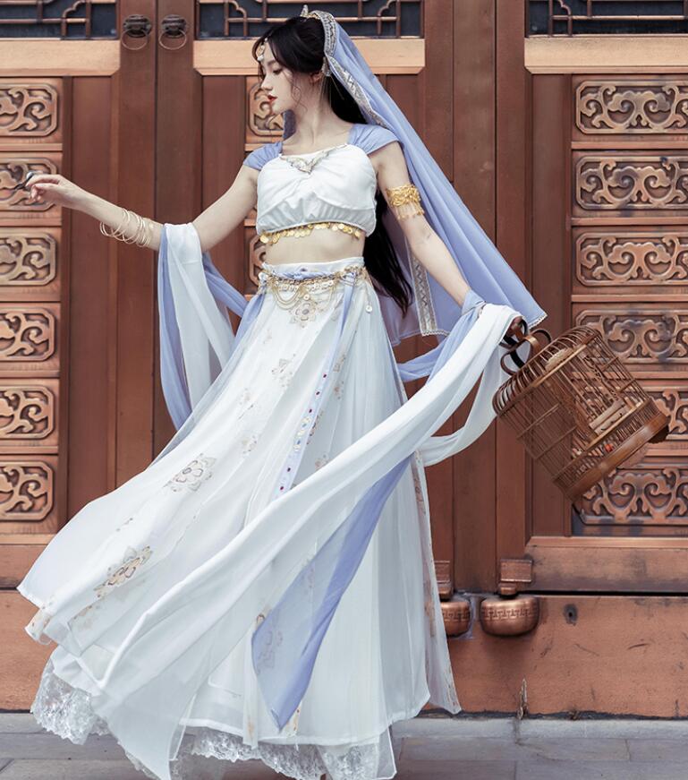 中華コスプレ衣装 アラビアン衣装 古典舞踊ダンス衣装 チャイナ風 華流 コスチューム11点セット 古代 宮廷踊り ダンス衣裳 チャイナ服 漢服 唐装 時代劇 ハロウィン 衣装 アラジン ジャスミン風