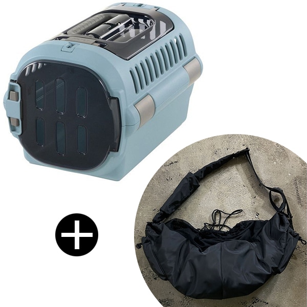 キャンピングキャリーファイン ダブルドア S ブルー + PUFF PET PUFF SLING P25001-15 ブラック ペットキャリー セット