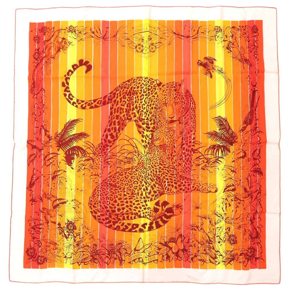 美品 カレ90 JUNGLE LOVE RAINBOW ジャングルラブ H003369S 08 スカーフ シルク オレンジ 0457【中古】 レディース