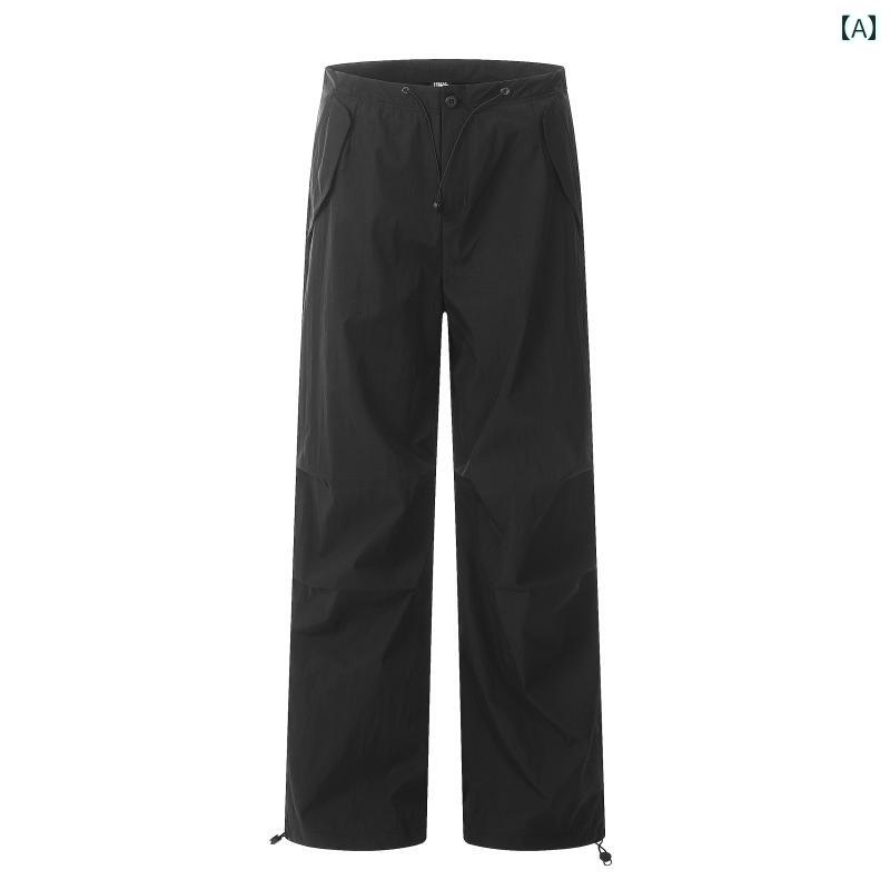 カーゴパンツ　メンズ　レディース MoodBerry アメリカン レトロ カジュアル オーバー オール レディース ドローストリング 付き ハイウエスト ストレート パラシュートパンツ