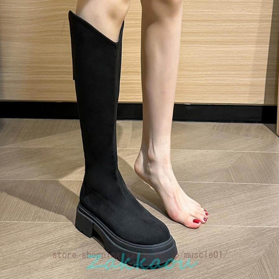 即納 人気N0.1 ロングブーツ 秋冬 厚底 ハイヒール おしゃれ ジッパー付き 長靴 歩きやすい ジョッキーブーツ スクエアヒール バックジップ ジョッキーブーツ パーティー