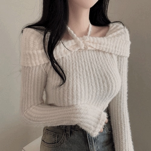 (ホルター&リボン) アンゴラ リブ オフ スリム 長袖 ニット Tシャツ