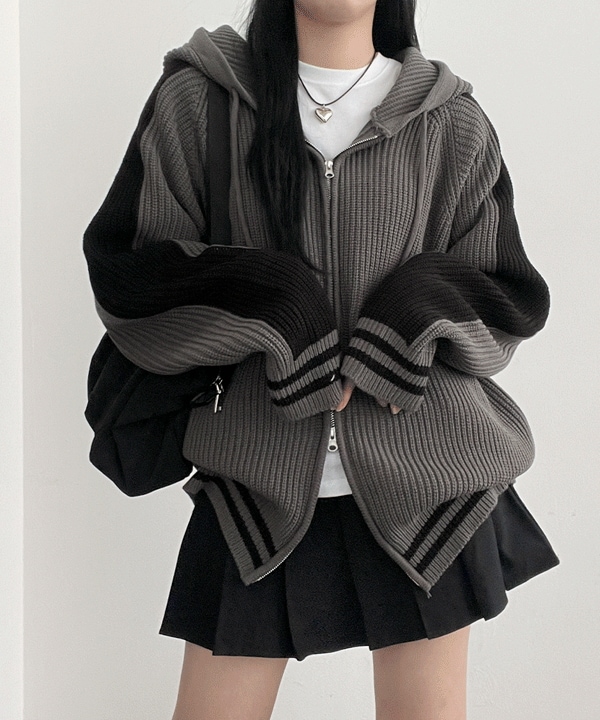 [ビッグサイズ] ハイクオリティ！！ 男女共用 ルーズフィット 2ライン 配色 ニット バーシティ ツーウェイ パーカージップアップ (3color)