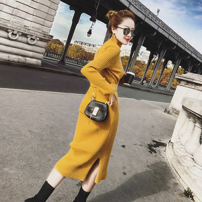 ニットワンピース 長袖ワンピース レディース ワンピース 長袖 ワンピ ロング丈 タートルネック ロングワンピース 細身 スリット オシャレ 秋物 冬物 新作