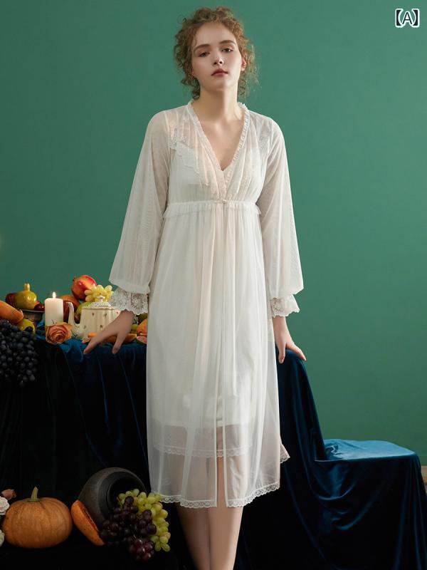 パジャマ ネグリジェ レディース 長袖 レーシー ガウン フリル シフォン キャミワンピース ２点セット ドレス ナイト ホーム ルームウエア