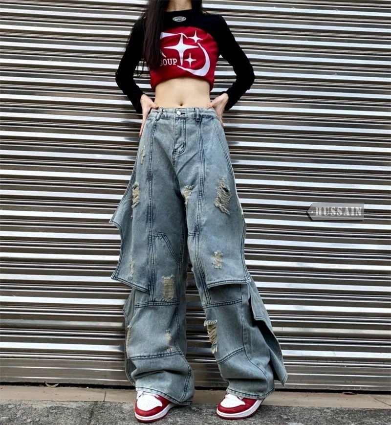 2024夏 韓国 4XL展開 ワイド デニムパンツ ボトムス ストレート パンツ ロゴ ズボン ファッション系加工韓国 レディース カジュアル パッチワーク 学生 スタイルアップ 色っぽ 女っぽ