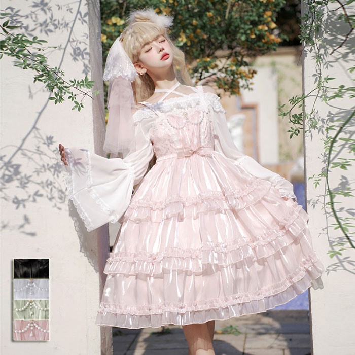 2025新作入荷 ロリータ ジャンパースカートコスプレ ワンピース 全4色 長袖ブラウス 花レース フレア袖 ノースリーブ キャミソール 可愛い 姫様 変装 仮装 ロリータ服 ふんわり 萌え萌え lo