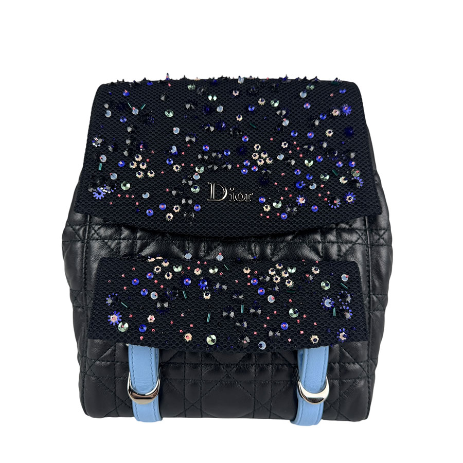 クリスチャンディオール Christian Dior リュック カナージュ レザー/ビーズ/メッシュ ブラック×ブルー レディース z6505