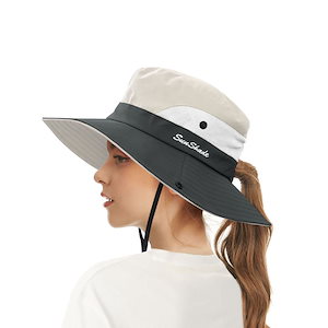 日よけ帽子 - UVカット帽子 防晒帽 サファリハット つば広ハット レインハット ポニーテール穴 あご紐 付き 調節可能 紫