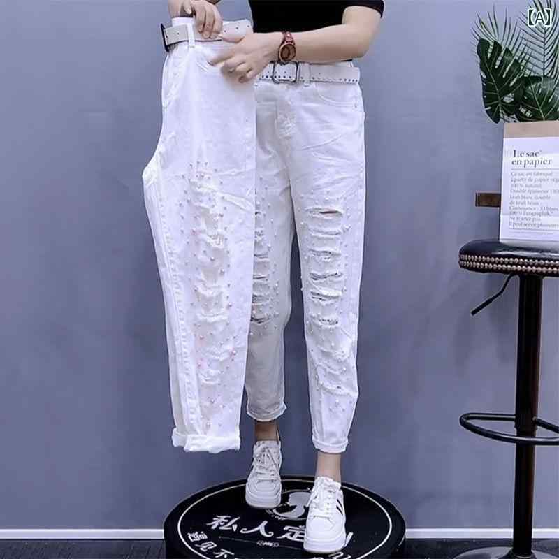 デニムパンツ レディース ダメージ ジーンズ クラッシュ ボトムス ハイウエスト ストレート ストレッチ性 夏秋 大きめサイズ ホワイト 5,057円
