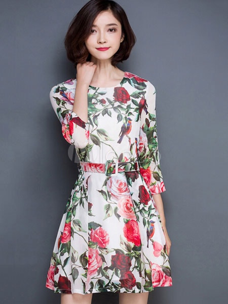 マルチカラードレスフローラルプリントシックなシフォンヴィンテージドレス