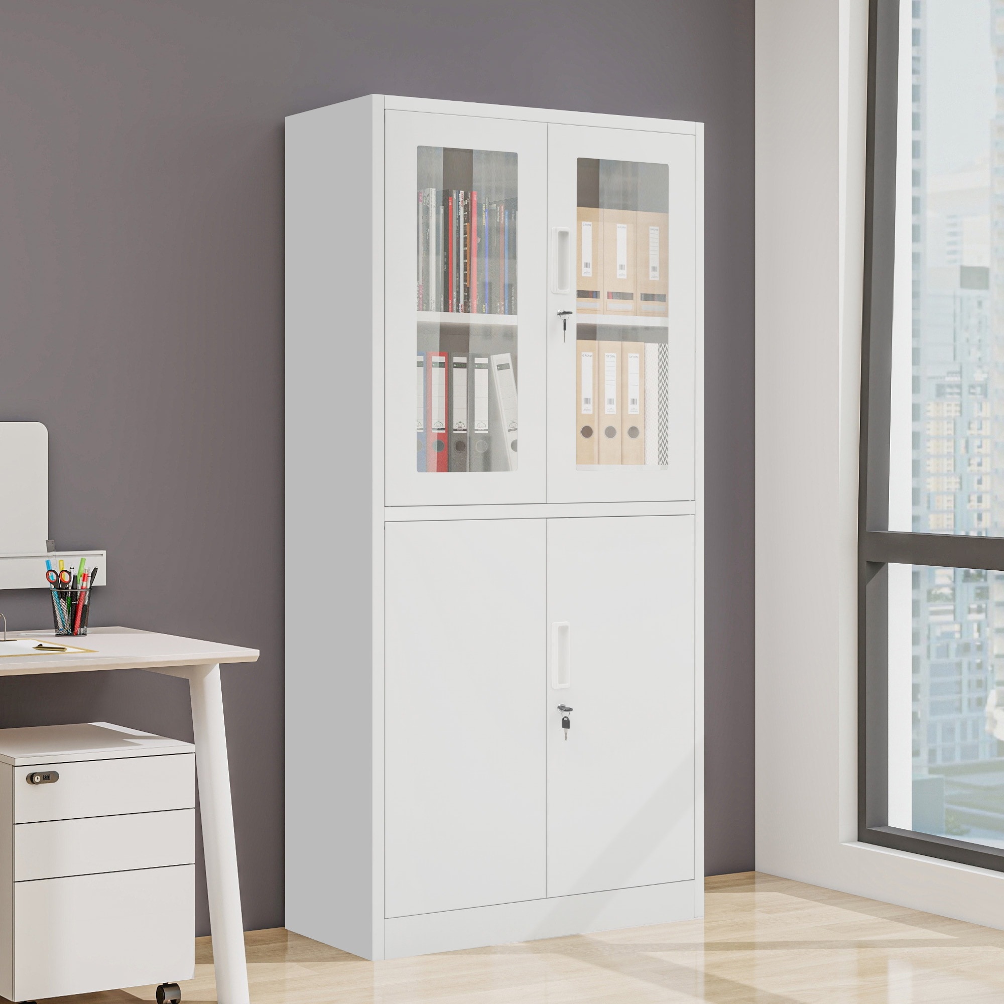 【国内発送 無-送料】811スチール書庫 両開き書庫 書類保管庫 高さ180cm 保管庫 収納 オフィス 業務用 書庫 おしゃれ キャビネット スチールキャビネット ベース付き 可動棚 A4対応 15,230円