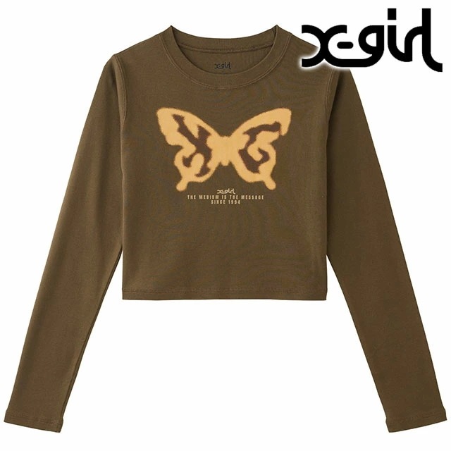 メール便 サプライバタフライプリント ロングスリーブ ベイビーTシャツ [105244011002] レディース トップス カットソー 長袖 ショート丈 BROWN