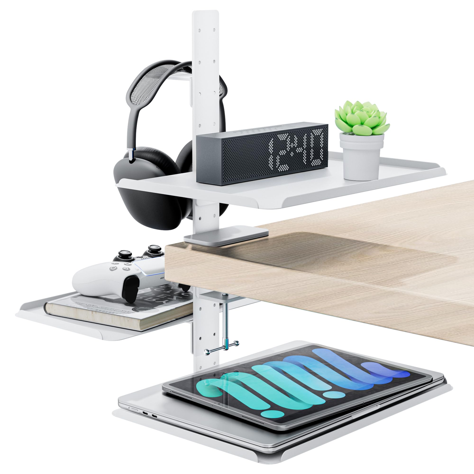 デスクサイド収納 3段階 デスク収納トレー 高さ自由調節 卓上収納ラック 机上収納 サイドホルダー 多用途 オフィステーブル周り収納 事務用品 デスクワーク