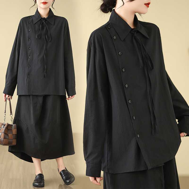 作ブラウス夏2025/春/大きいサイズ/ネックラインタイデザイン/長袖/スラッシュプラケットフラッターバンド/ゆったり/シャツ