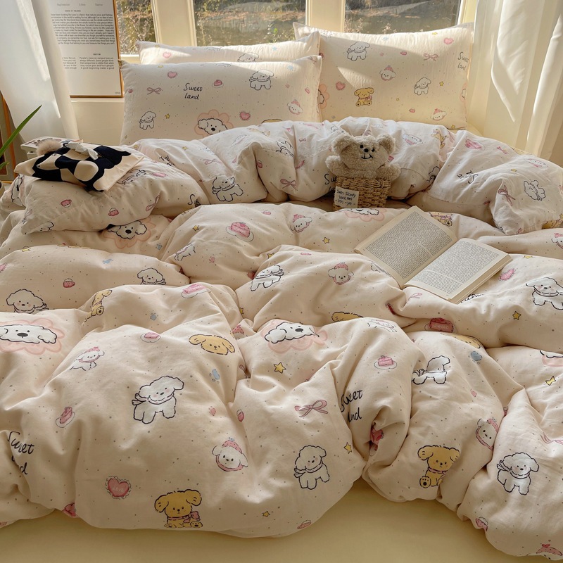 スプリングinsすべての綿二重層糸4ピースセットピュアコットンガールスタイルベッドシートシートハットキルトカバー柔らかい肌に優しい寝具4