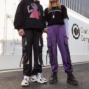Qoo10 韓国ファッション ジョガーパンツ カーゴパンツ ストリート 紫と黒2色 スニーカーと相性抜群 韓国ファッション ユニセックス メンズ レディース