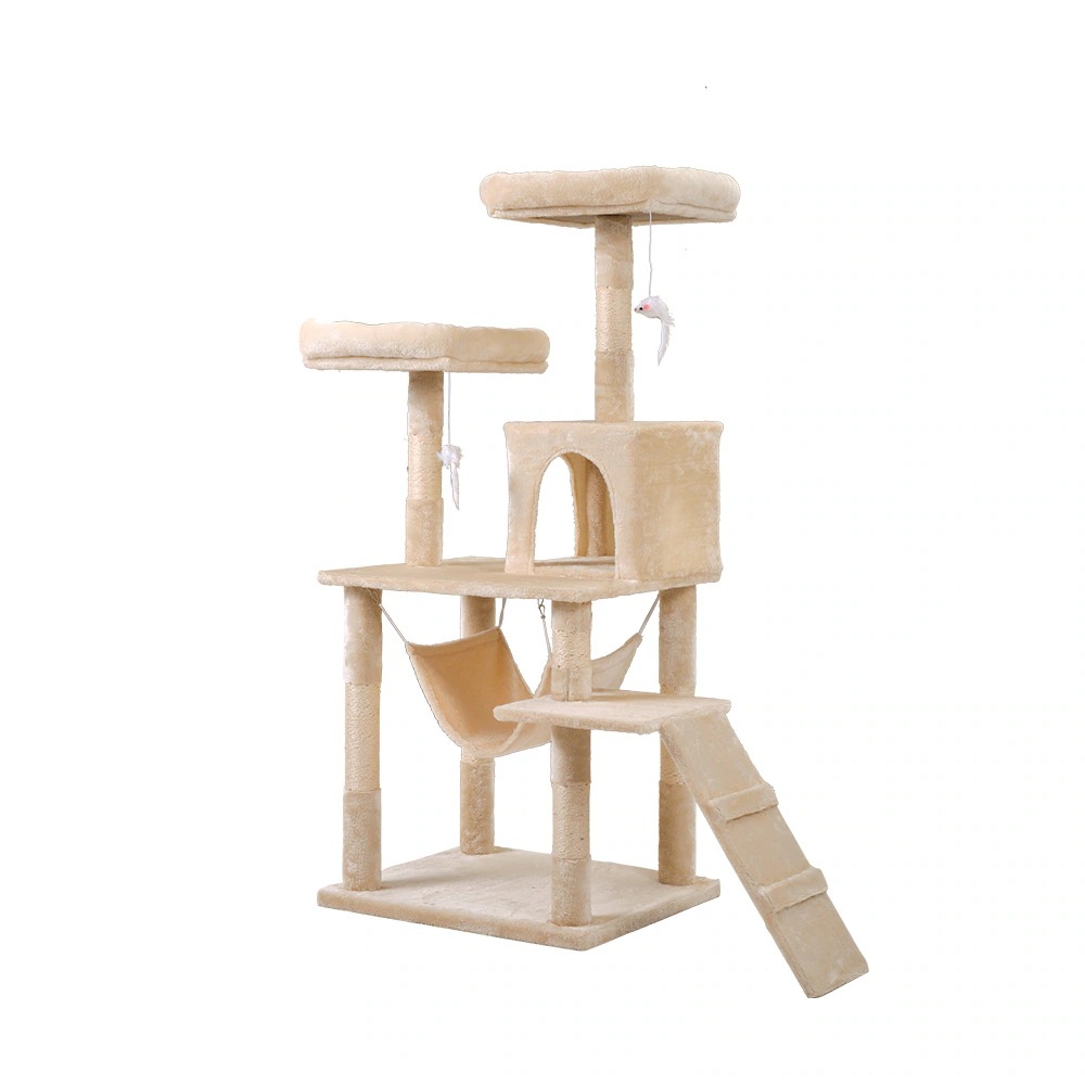 【国内在庫品 急速出荷】【元SKU：TX036894】キャットタワー 据え置き ハンモック 麻紐 全高145cm　【ベージュ】
