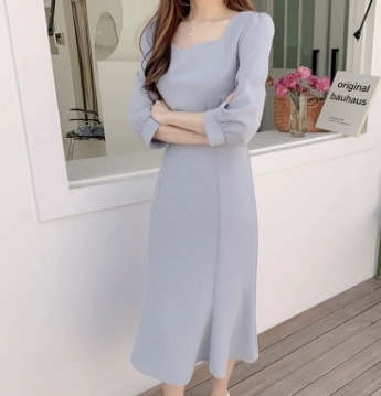 ウエストマーク スクエアネック フレアワンピース ピッタリ ワンピース 膝下 7分袖 ルーズ スリム タイト 細身 ストレート スマート 薄手 かわいい 大人可愛い きれいめ シンプル カジュアル