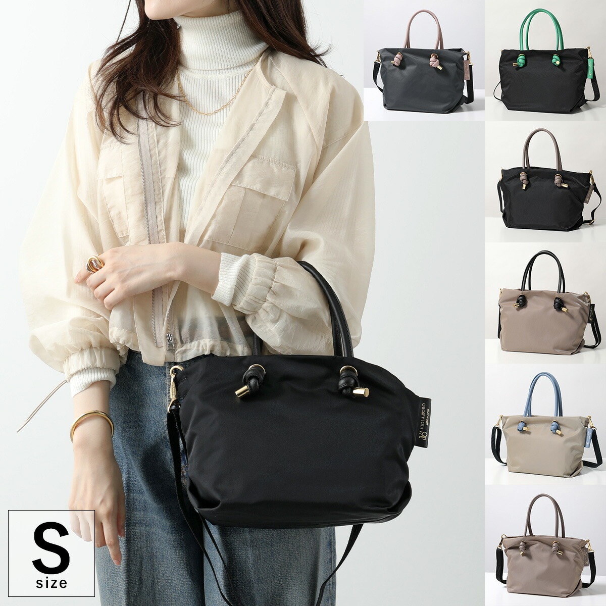 VIOLAdORO ヴィオラドーロ ハンドバッグ BIANCA S ビアンカ V-2174 レディース ナイロン×レザー ノットハンドル トートバッグ 鞄 カラー8色
