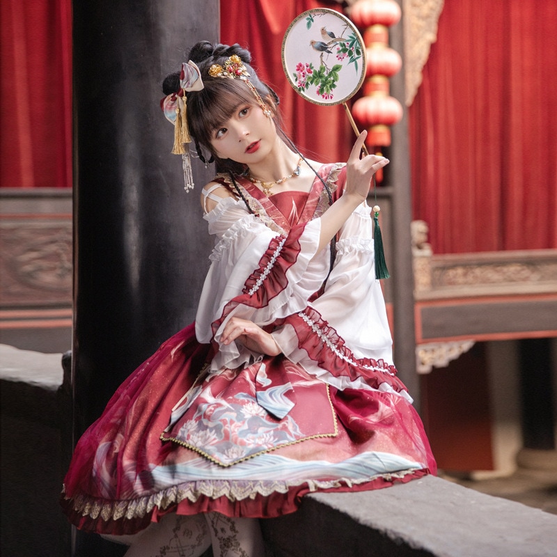 yue Mu ロリータスカート チャイナオプ長袖ドレス ロリータドレススカート