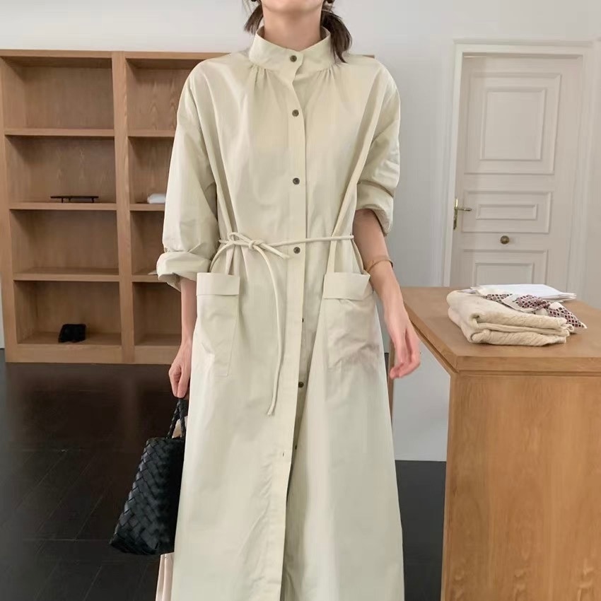 レディース ワンピース シャツワンピ フレア ロング マキシ 長袖 スタンドカラー Aライン フェミニン ストリート ベルト ウエストマーク ウエストリボン ハイウエスト 前開き かわいい 大人可愛い