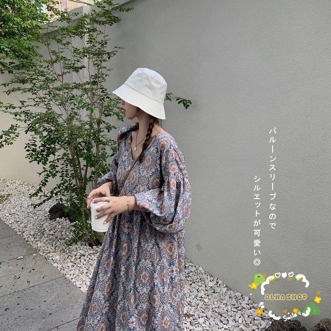 ワンピース 夏 レディース 半袖 ５分袖 ロングワンピース 花柄ワンピース レディース エスニック柄 総柄バルーンスリーブ ワンピ 体型カバー