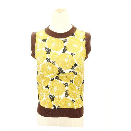 トップス フラワー柄 40サイズ ノースリ ベージュ×ブラウン系 レディース 中古